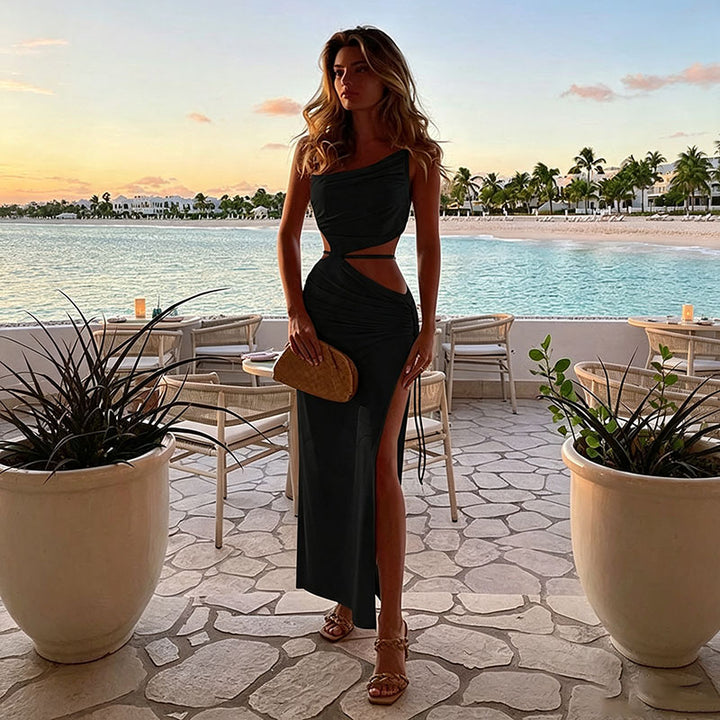 Asymmetric-neck ruched cut-out slit dress