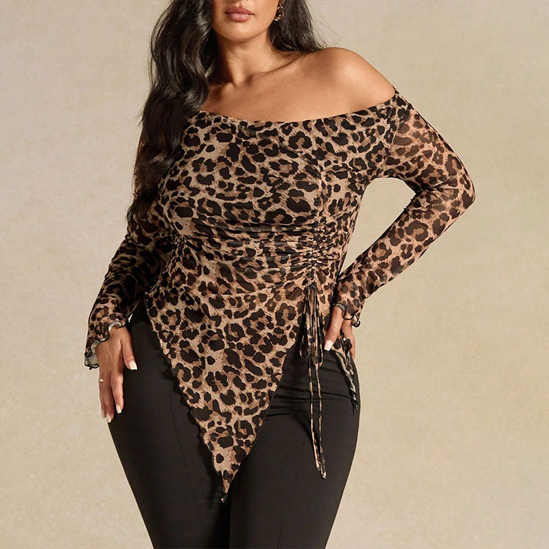 Plus-size leopard print one-shoulder drawstring top
