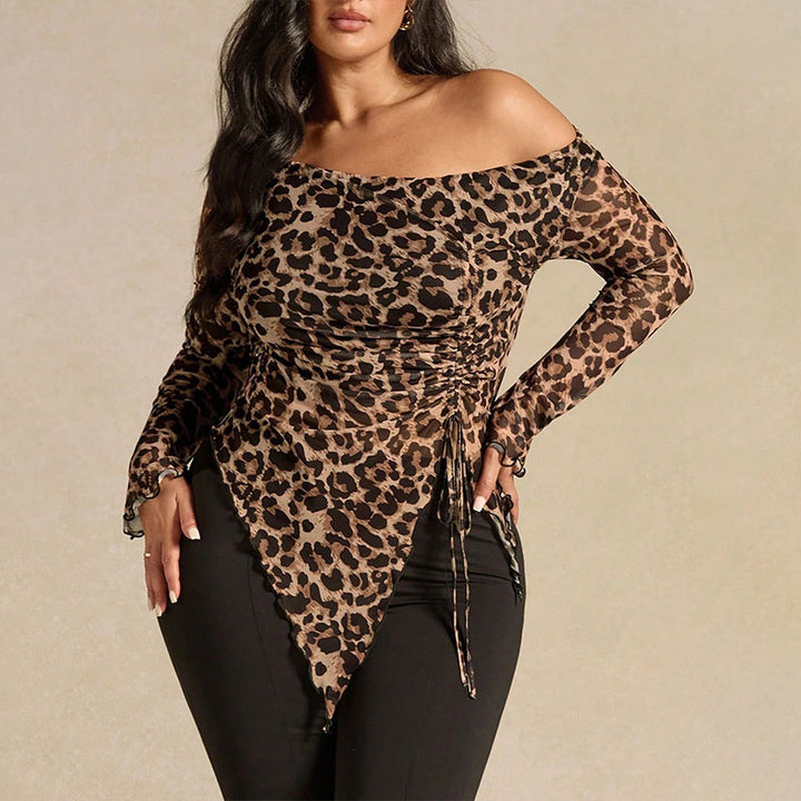 Plus-size leopard print one-shoulder drawstring top