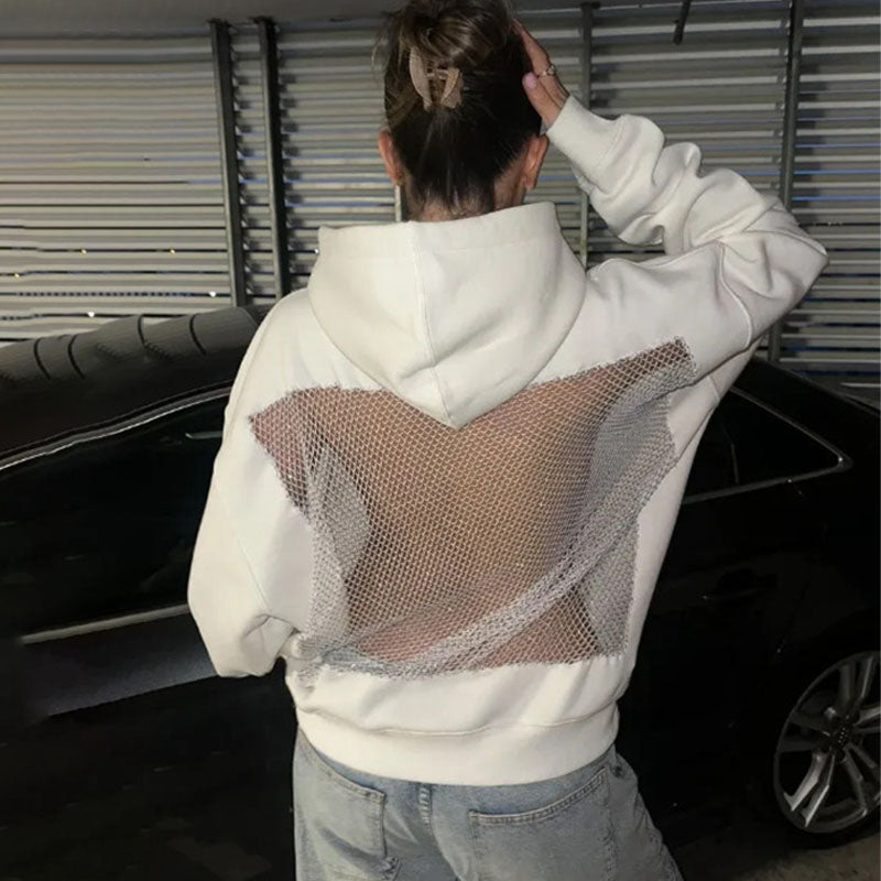 Openwork rhinestone-studded mesh loose hooded top