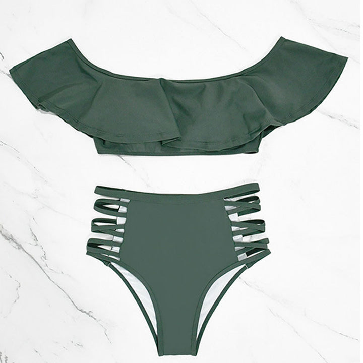 Off-shoulder ruffled cut-out high-waisted bikini set