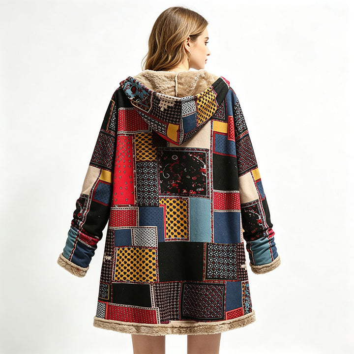 Retro patchwork plush hooded jacket
