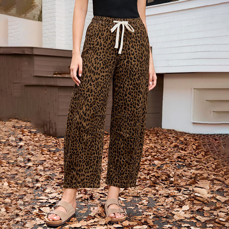 Casual leopard print elastic waist loose straight leg pants