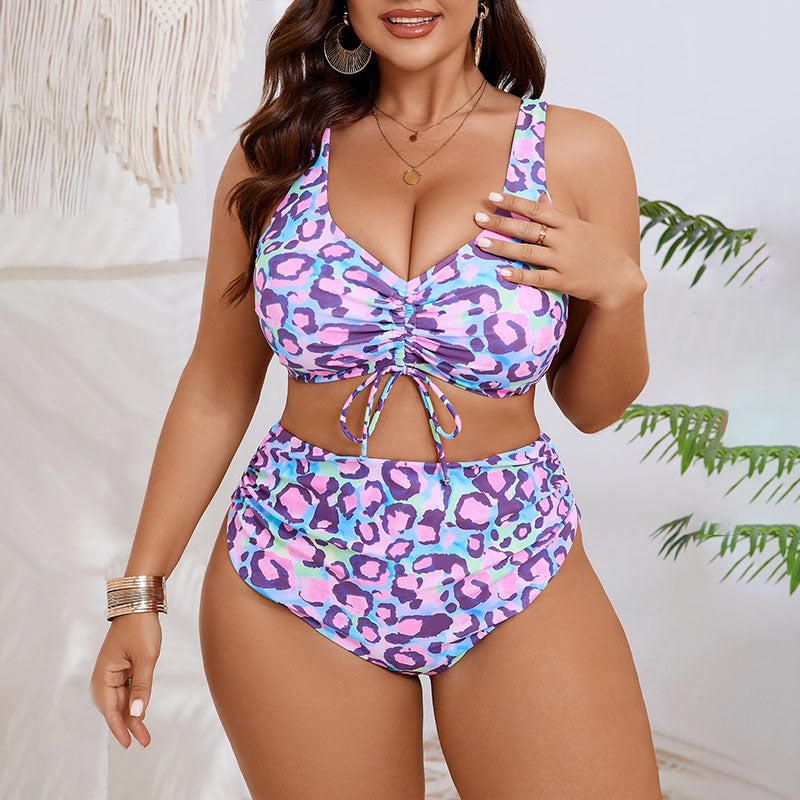 Plus-size leopard print high-waisted ruched bikini set