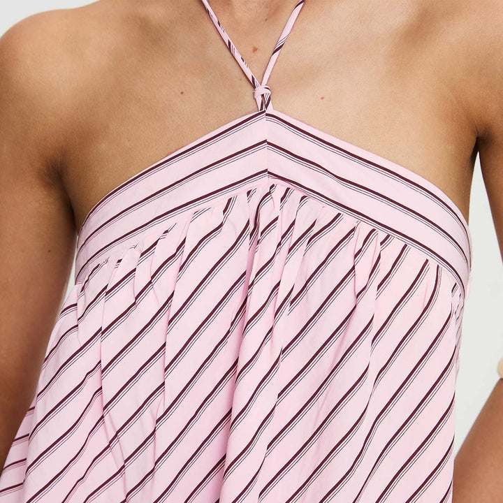 Diagonal-stripe backless sleeveless straight-cut dress