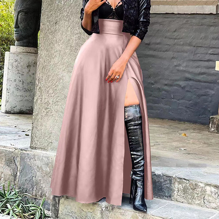 High-waisted side-slit leather skirt
