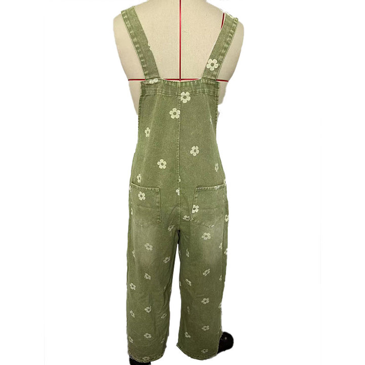 Floral denim wide-leg overalls