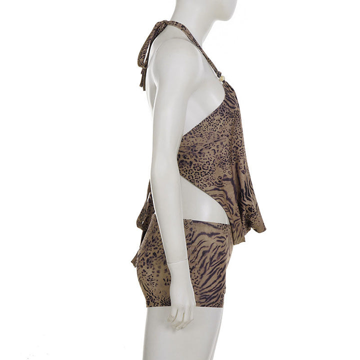 Deep V-neck leopard print halter top and shorts set