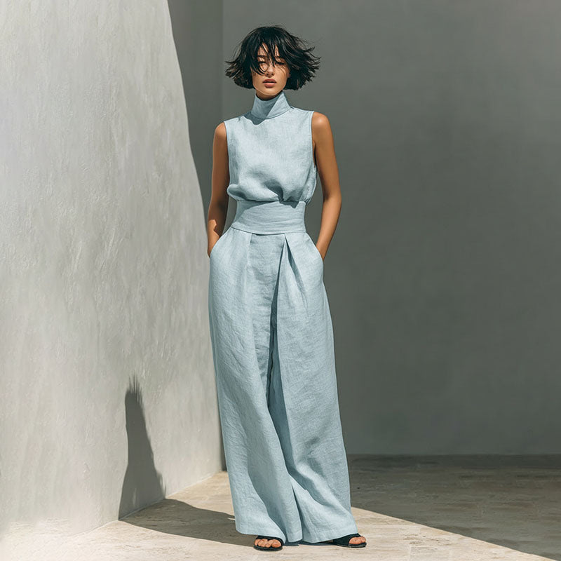 Sleeveless high-neck top and high-waisted pleated wide-leg trousers set