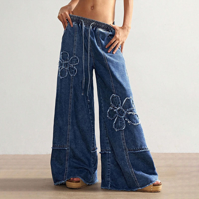 Elastic waist floral frayed wide-leg jeans