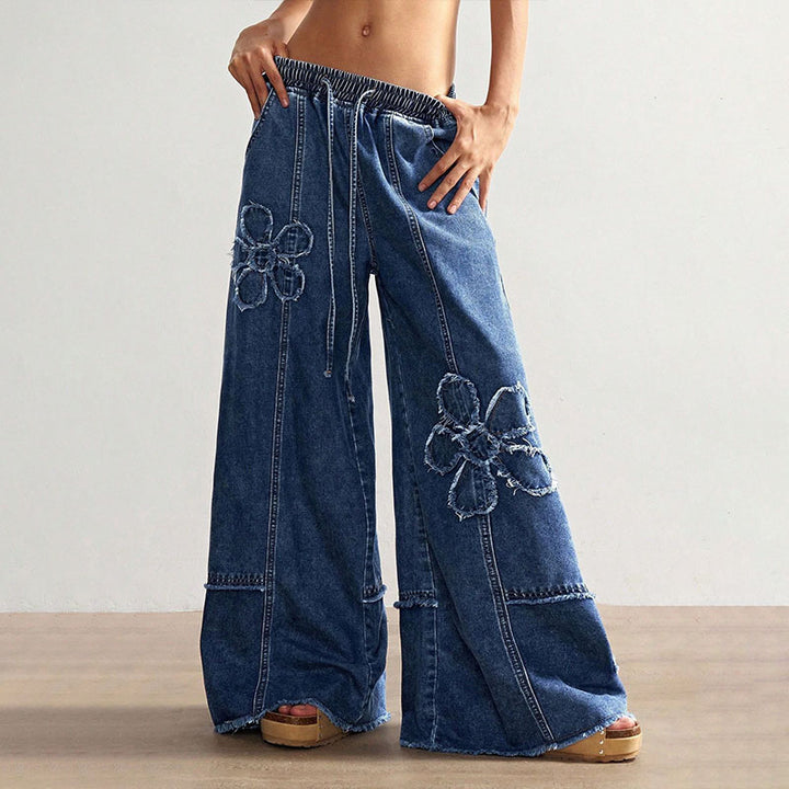 Elastic waist floral frayed wide-leg jeans
