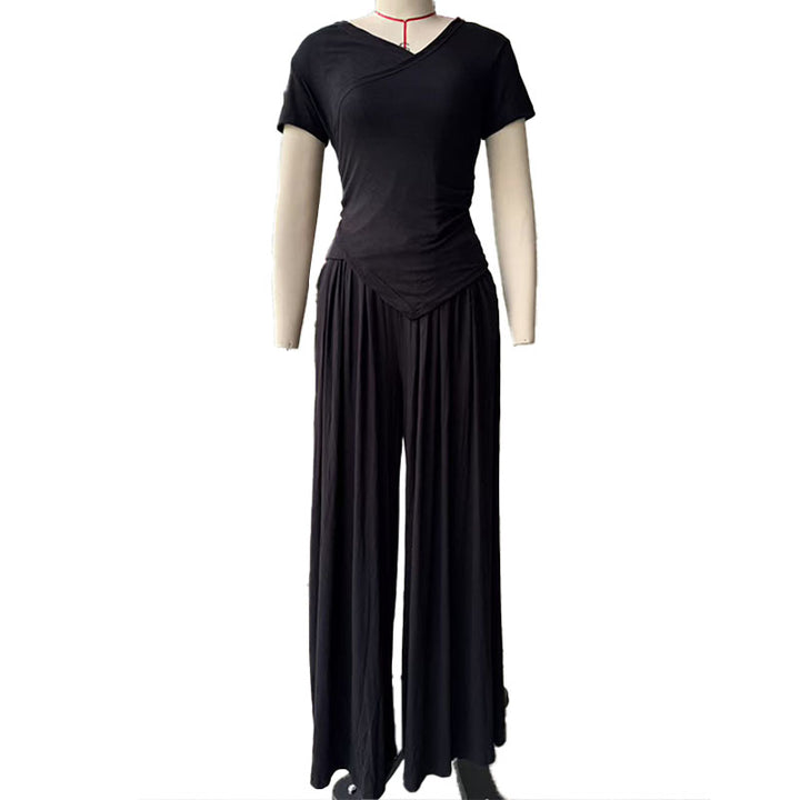 Cross-neck top and wide-leg pants suit