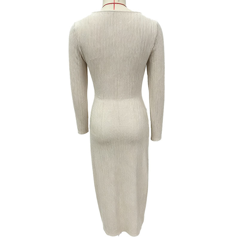 Long-sleeved irregular neckline slit dress