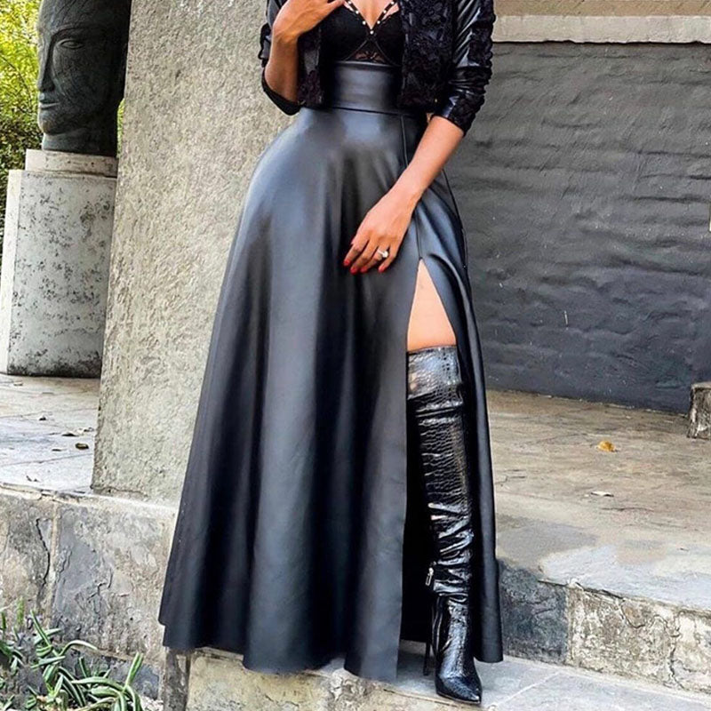 High-waisted side-slit leather skirt