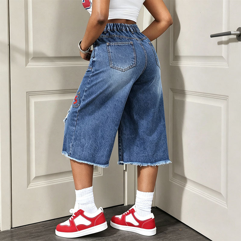 Distressed raw-hem wide-leg cropped jeans