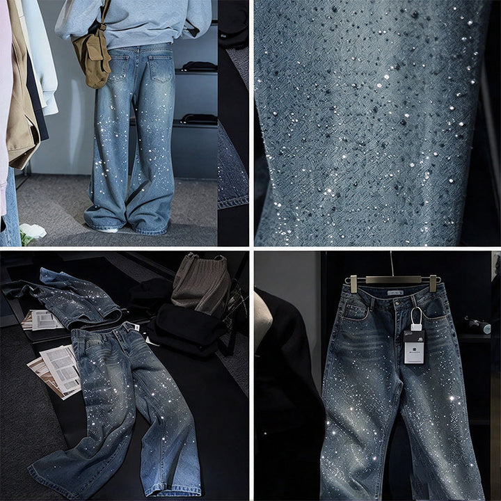 Double Hotfix rhinestones-sided high-waisted jeans