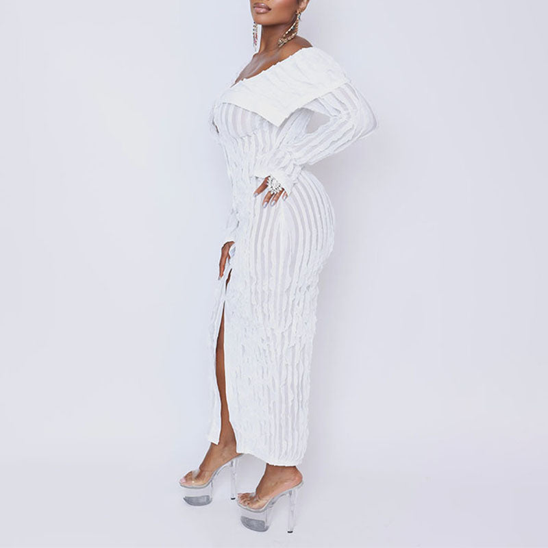 Front-slit wavy-patterned fitted long-sleeved dress