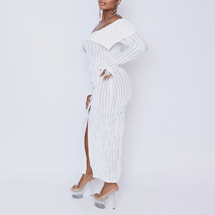 Front-slit wavy-patterned fitted long-sleeved dress