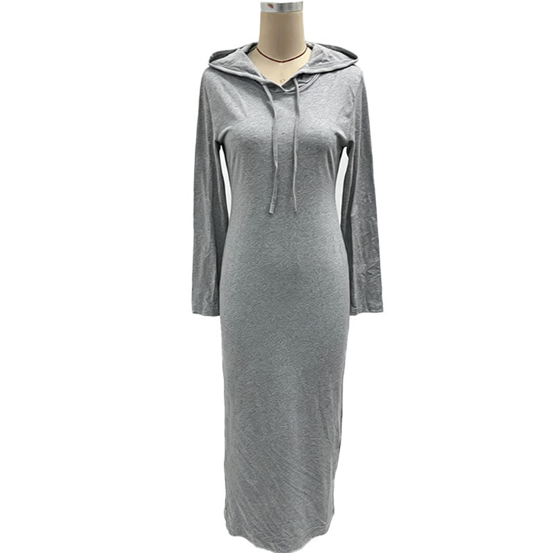Casual side-slit hooded long dress