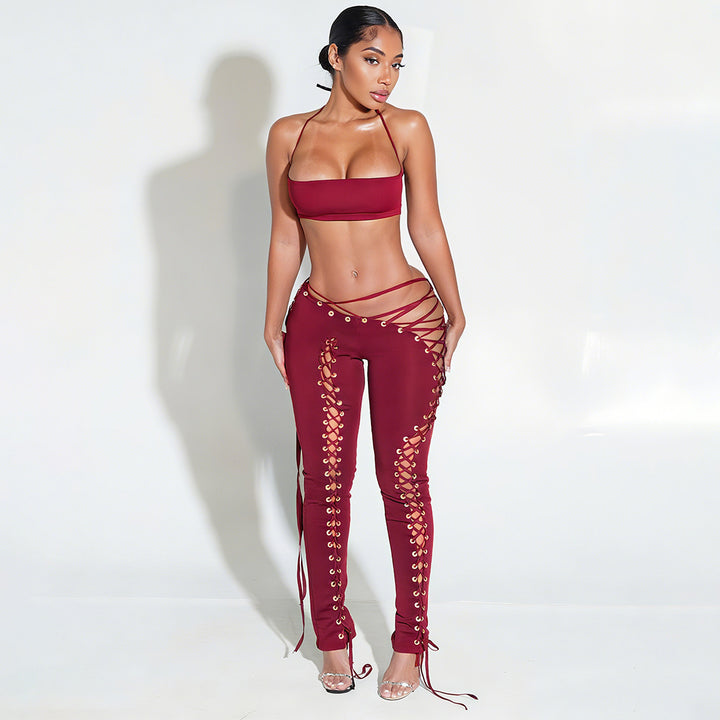Short vest top with side tie leggings two-piece set