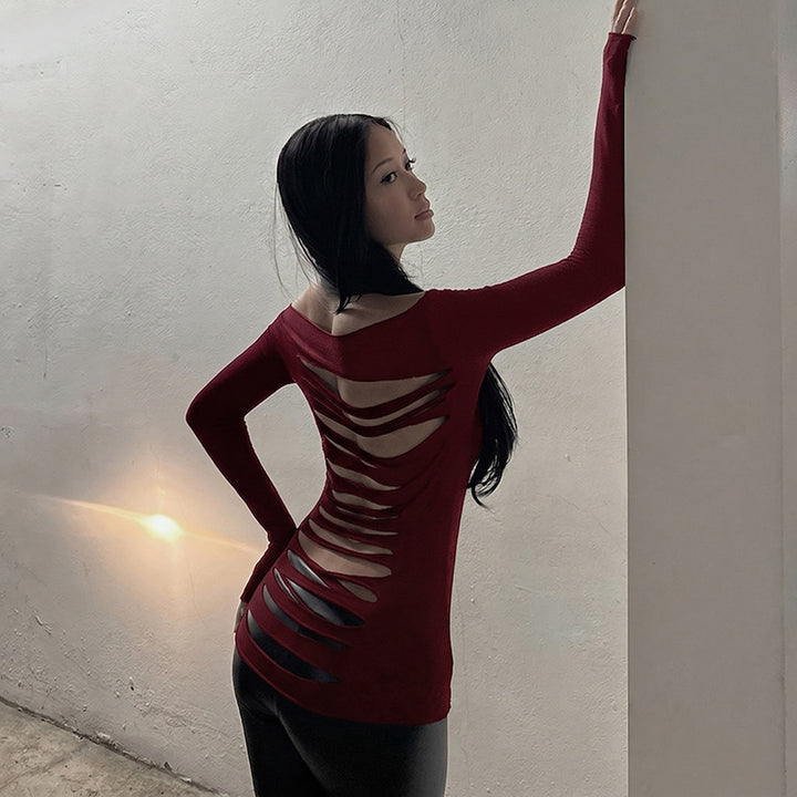 Hollow-out backless fitted long-sleeved top