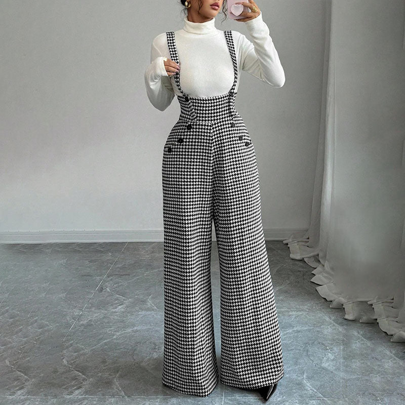 Retro plaid high-waisted wide-leg overalls