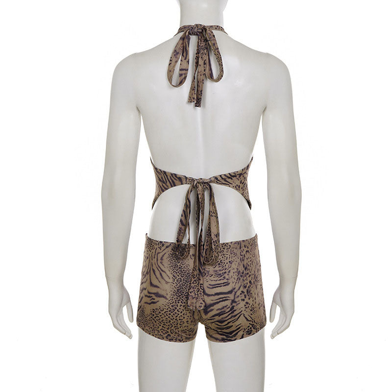 Deep V-neck leopard print halter top and shorts set