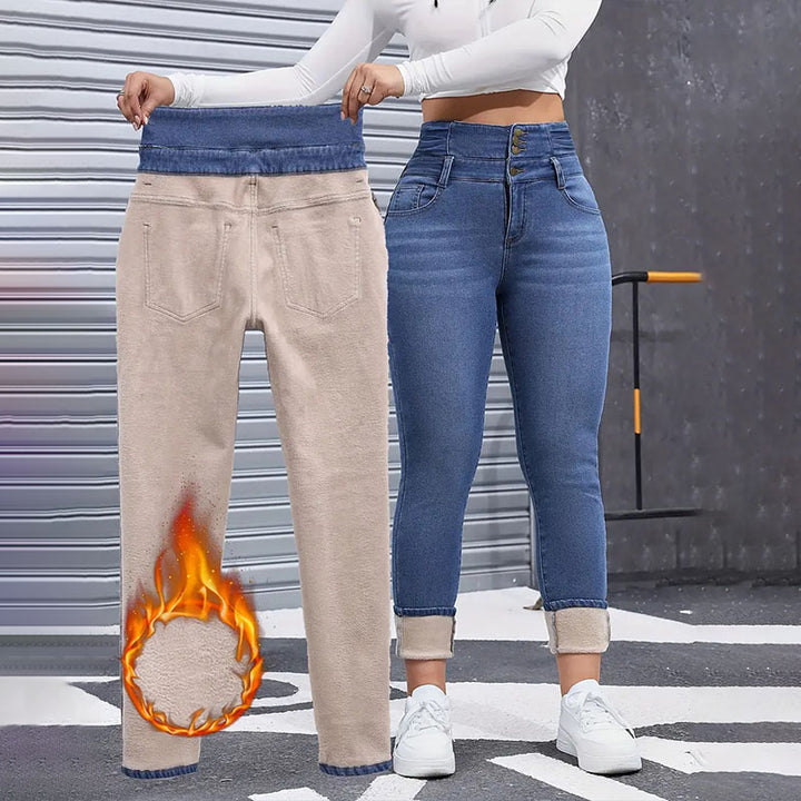 High-waisted fleece-lined skinny jeans