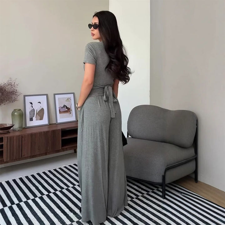 Cross-neck top and wide-leg pants suit