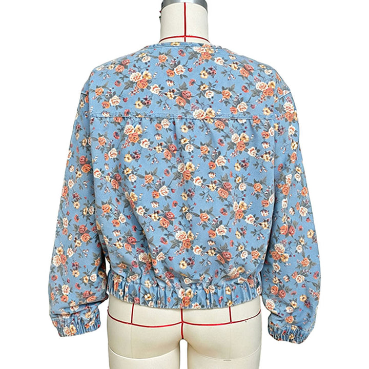 Retro floral print zip-up short denim jacket