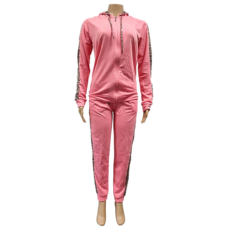 Leopard-print casual zip-up hoodie and pants tracksuit