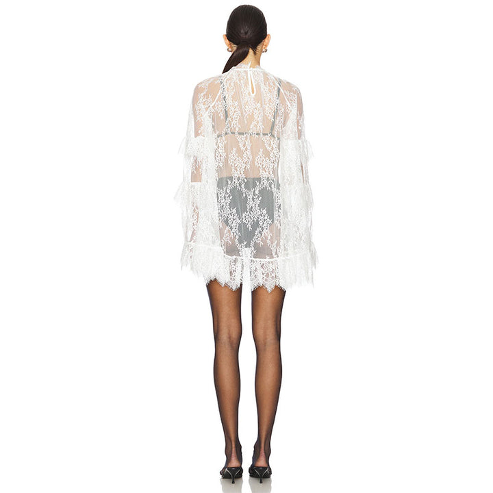 Sheer lace ruffle smock dress
