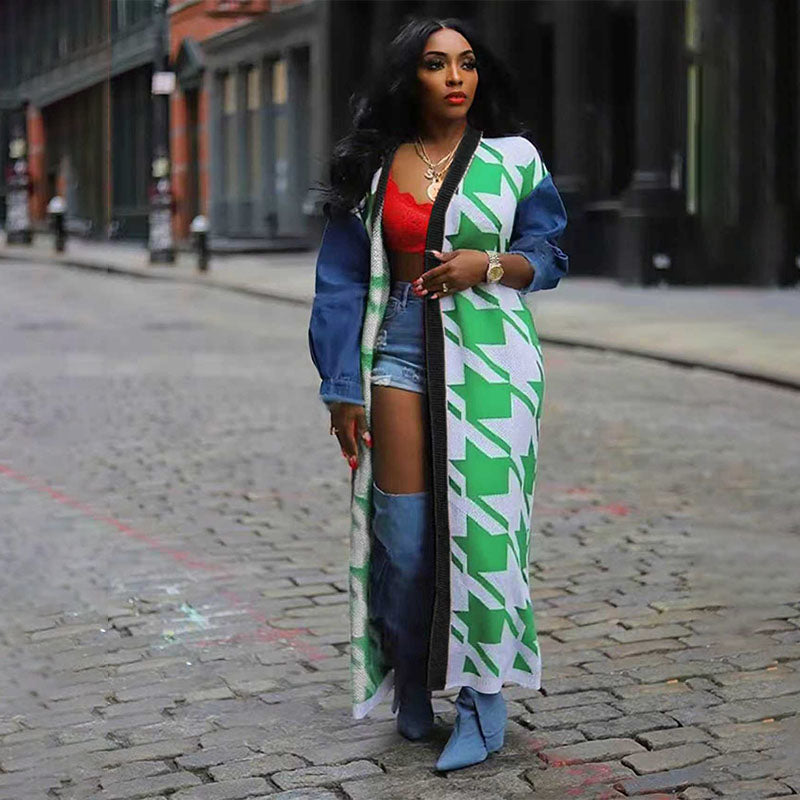 Plaid Print Denim Patchwork Long Cardigan
