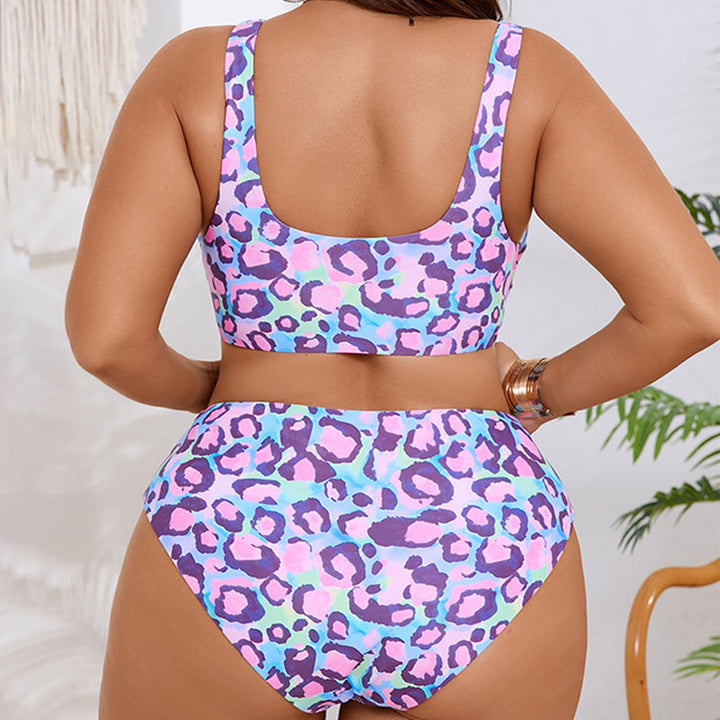Plus-size leopard print high-waisted ruched bikini set