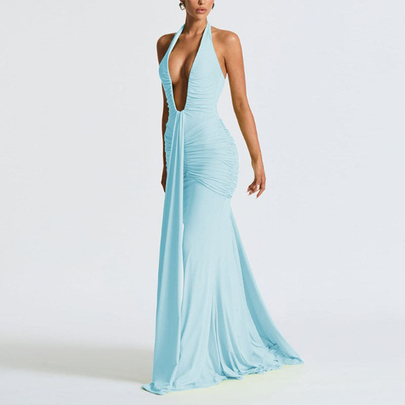 Deep V-neck pleated slim-fit fishtail dress