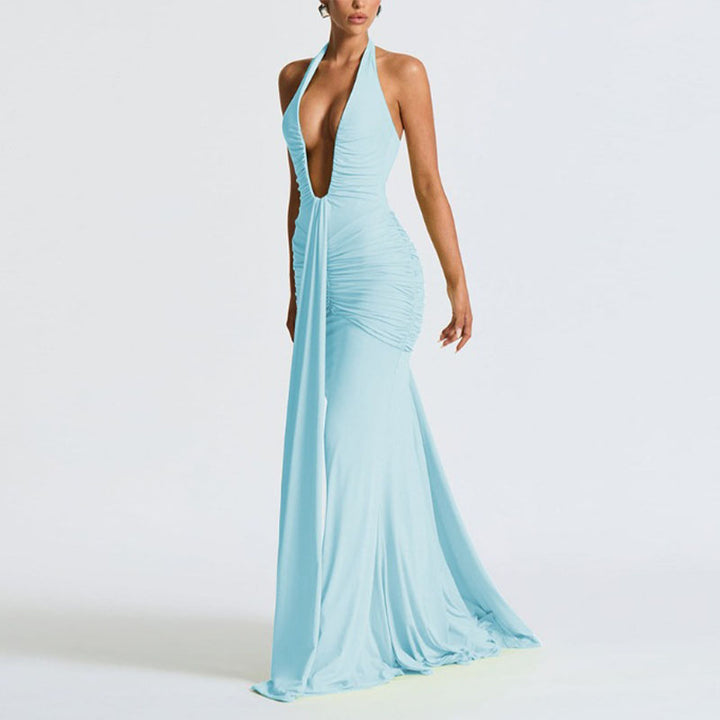 Deep V-neck pleated slim-fit fishtail dress