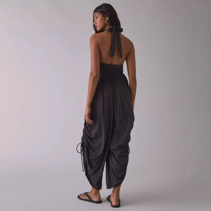 Square-neck back-tie loose harem jumpsuit