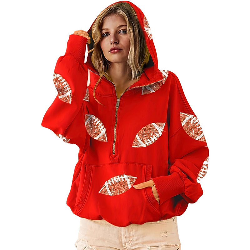 Printed half-zip loose hoodie