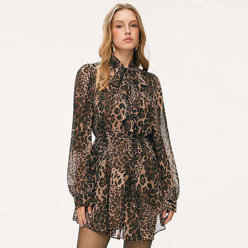 Leopard-print long-sleeve tie-waist dress