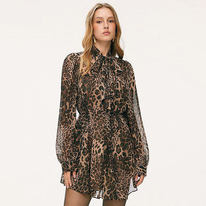 Leopard-print long-sleeve tie-waist dress
