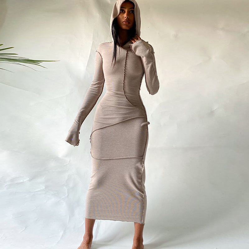 Contrast‑Stitch Hooded Bodycon Maxi Dress