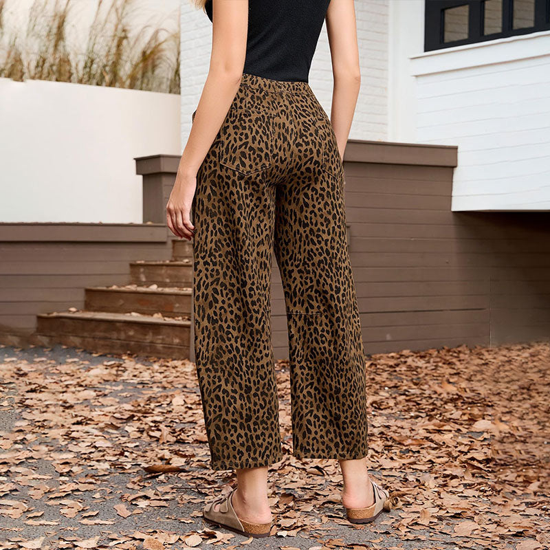Casual leopard print elastic waist loose straight leg pants