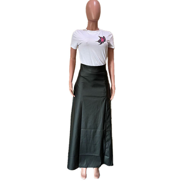 High-waisted side-slit leather skirt