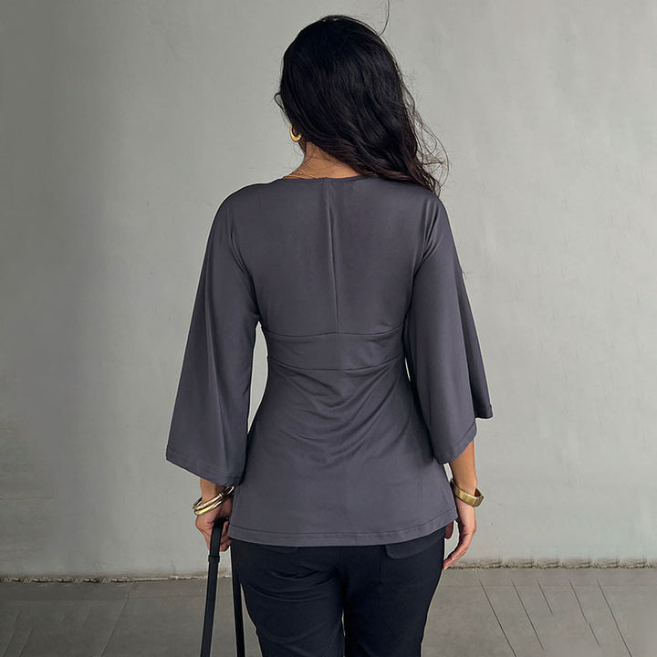 Deep V-neck high-waisted flared three-quarter sleeve top