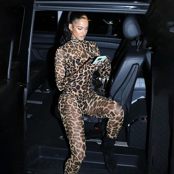 High-neck leopard print stretch mesh bodysuit