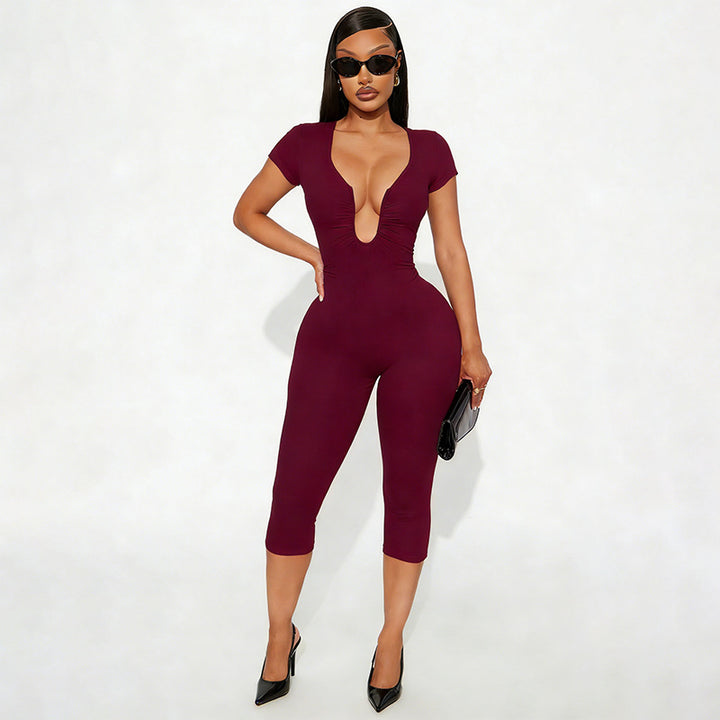 U-neck short-sleeve fitted jumpsuit