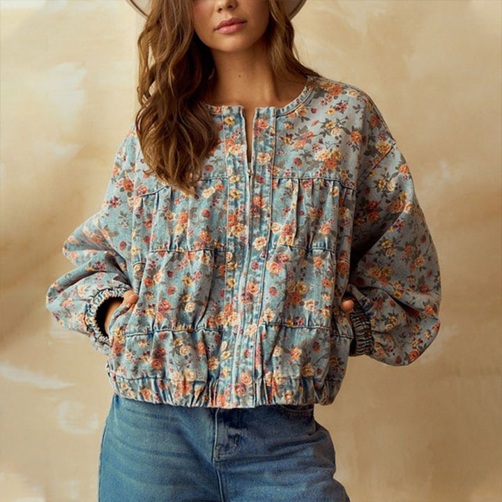 Retro floral print zip-up short denim jacket