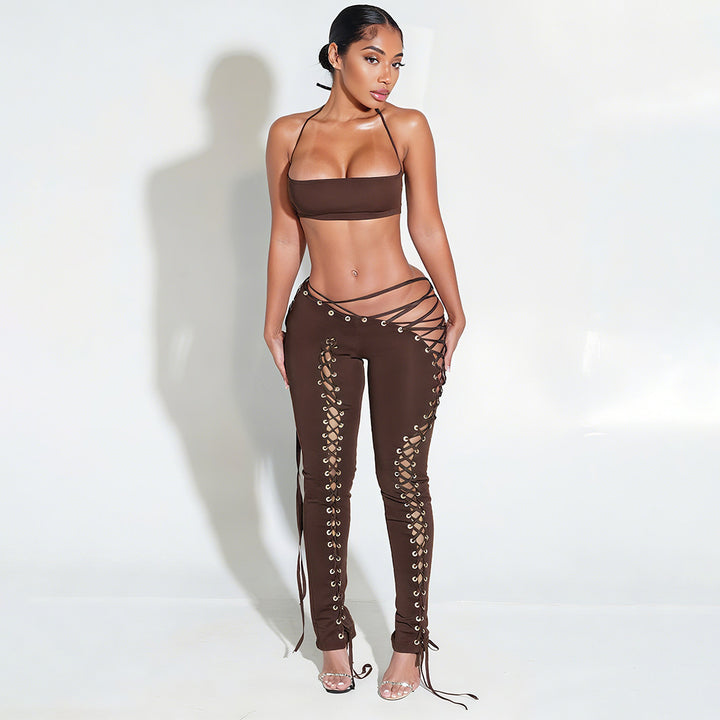 Short vest top with side tie leggings two-piece set
