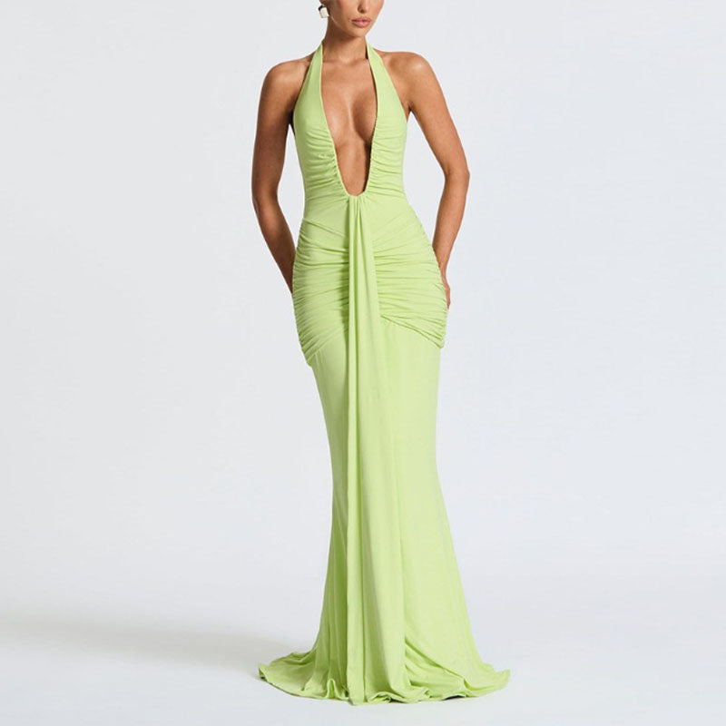 Deep V-neck pleated slim-fit fishtail dress