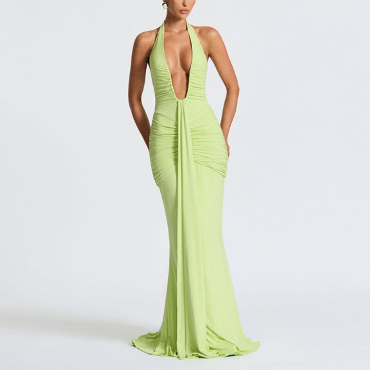 Deep V-neck pleated slim-fit fishtail dress